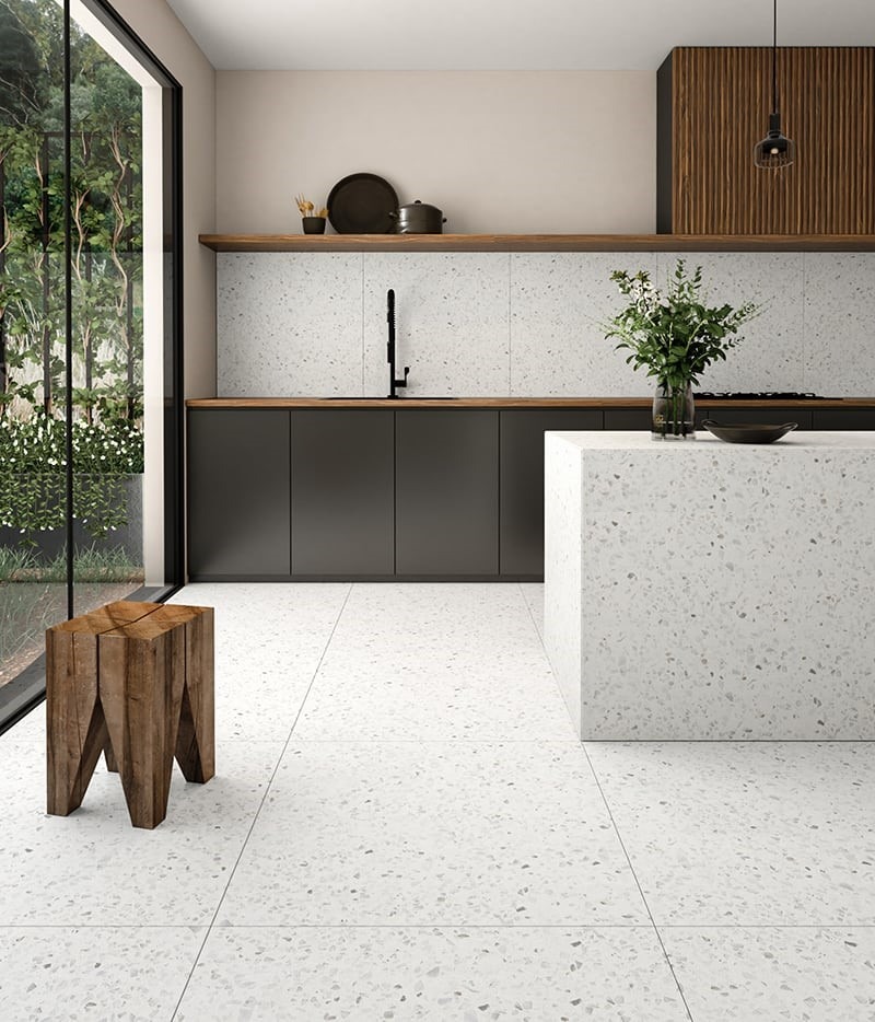 Mẫu gạch terrazzo 80x80 lát nền nhà bếp