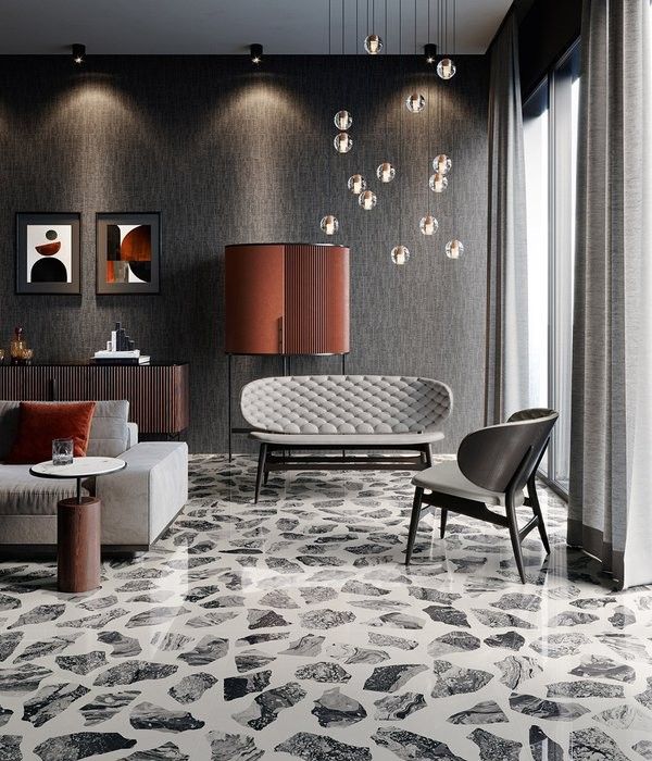 Gạch terrazzo tông màu xám lát nền phòng khách cổ điển