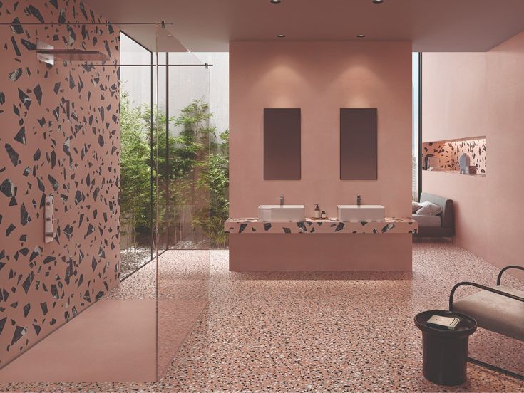 Mẫu gạch terrazzo màu hống ốp lát nhà tắm cực kỳ mộng mơ