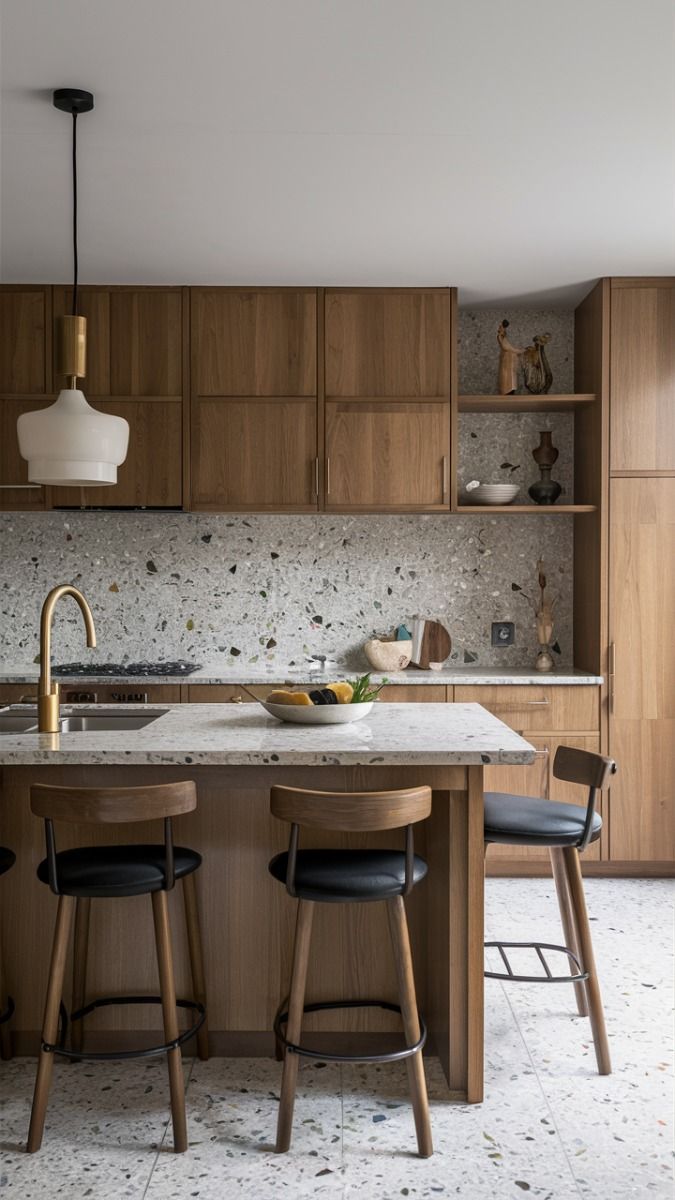 Gạch terrazzo màu xám ốp tường bếp