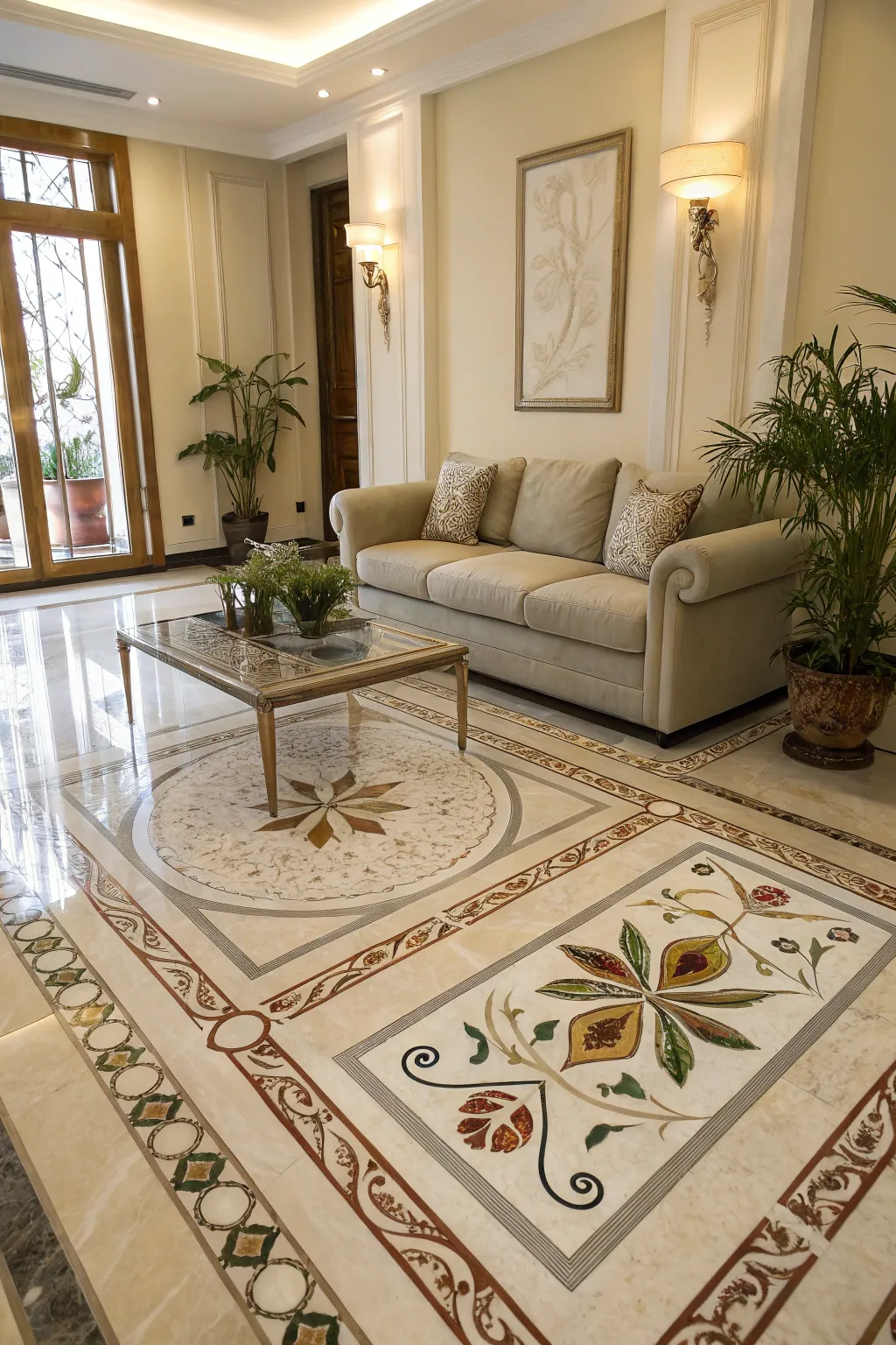 Các họa tiết khảm nghệ thuật tạo nên những điểm nhấn độc đáo trên sàn đá cẩm thạch.