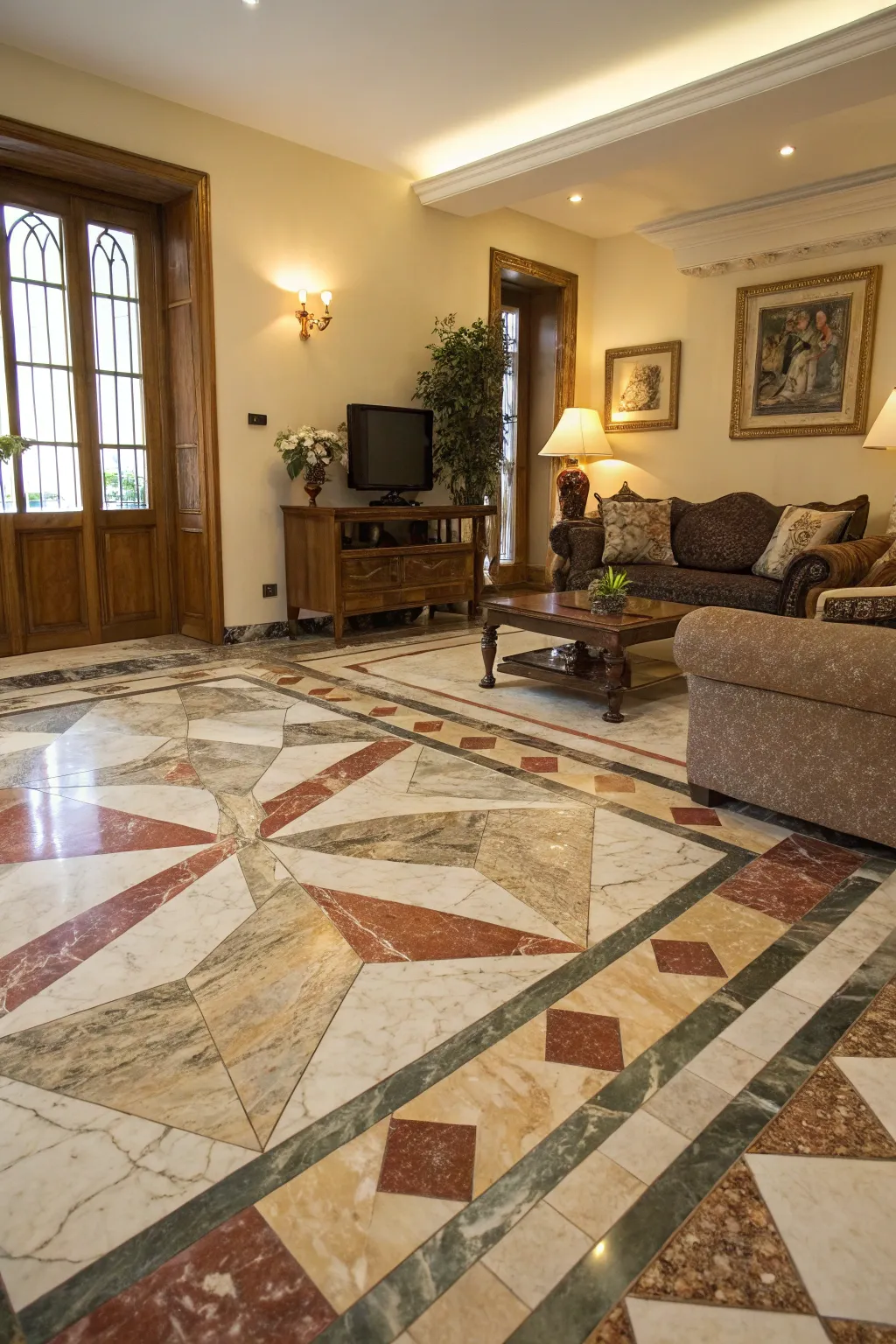 Sự kết hợp đa dạng các loại đá cẩm thạch tạo nên một sàn nhà đầy sức sống.