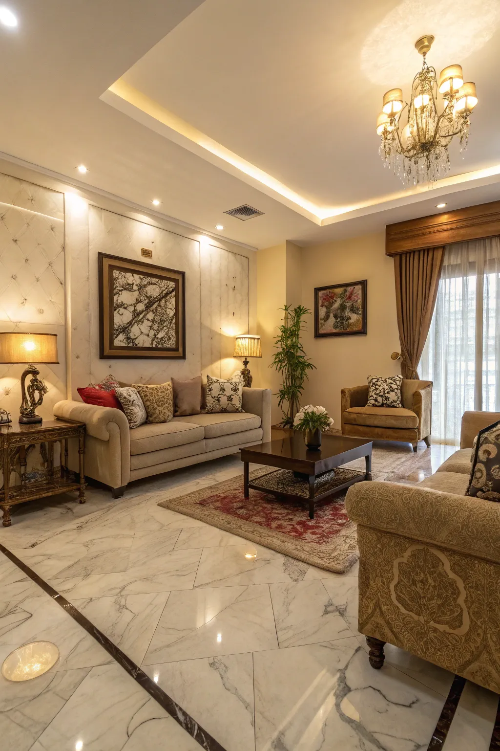 Sự phối hợp màu sắc hài hòa làm tăng thêm vẻ sang trọng cho sàn đá cẩm thạch.