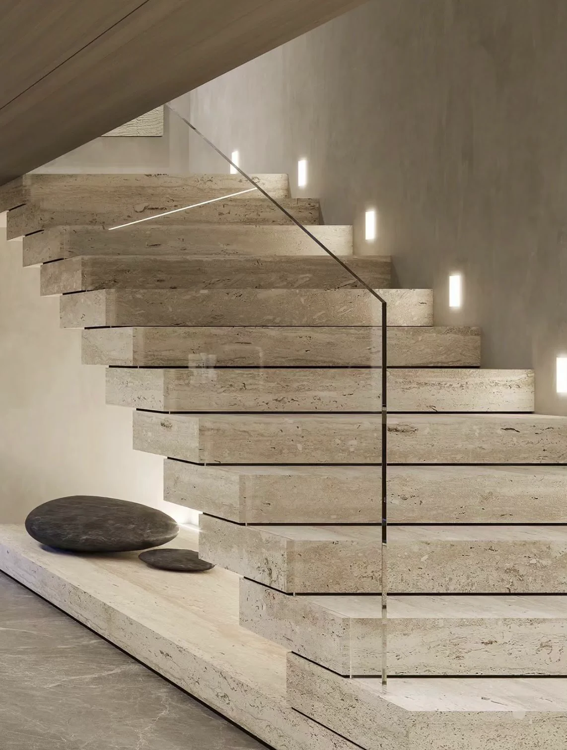 Đá nung kết ốp cầu thang vân Travertine Beige